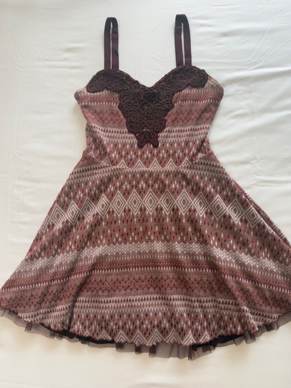 Free People Burgundy Jacquard, Beaded, Metallic, Boho, Mini Dress  Size Small